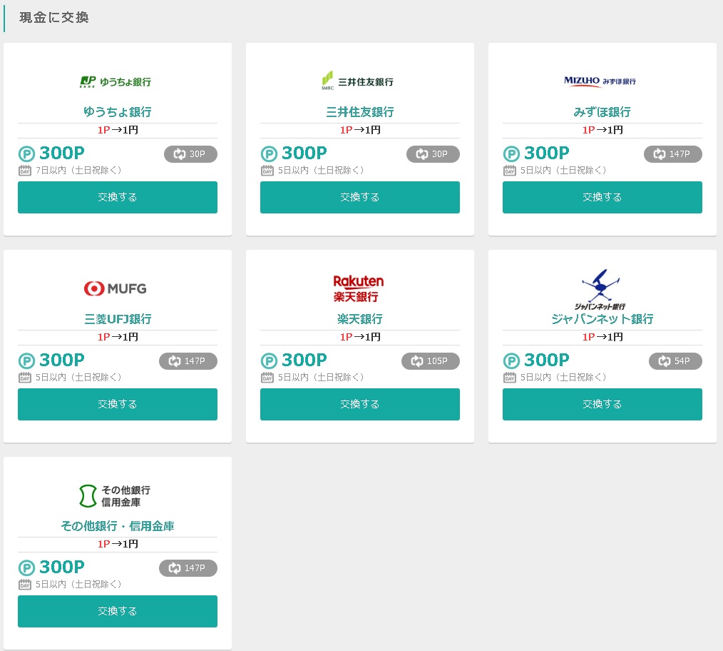 モッピーのポイントから現金に交換する画面